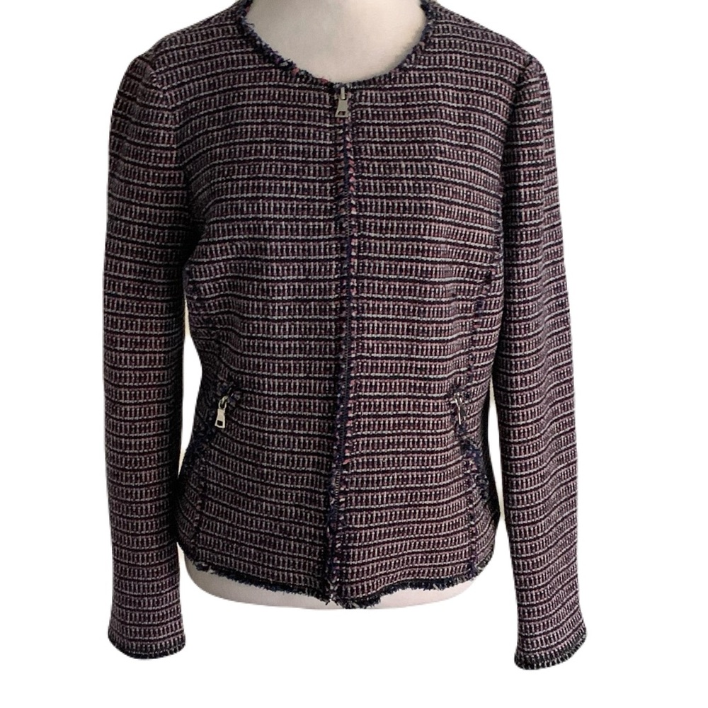 Rebecca Taylor Womens 10 Blue & Pink Tweed Career Professional Zip Jacket Blazer
